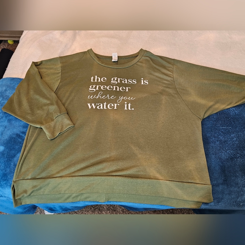 NWOT SewInLove XL Olive Green Sweater "Grass is Greener where you water it"